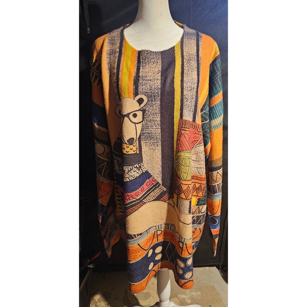 Sweater  Bear Graphic Knit Tunic Pullover Colorful Art to Wear OS